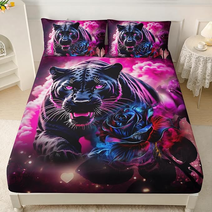 AILONEN Black Panther Fitted Sheet Set Twin XL Size,Red Rose Romantic Smoky Lightning Leopard Print Bed Sheet Set,Safari Animal Cheetah Fitted Sheet and 2 Pillowcases,3 Pieces