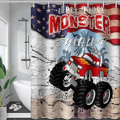 AILONEN Monster Truck Shower Curtain, American Flag Truck Bath Curtain for Boys,Red Truck Car Bathroom Decor Waterproof Fabric 60" W*72" H Inch with 12 Plastic Hooks