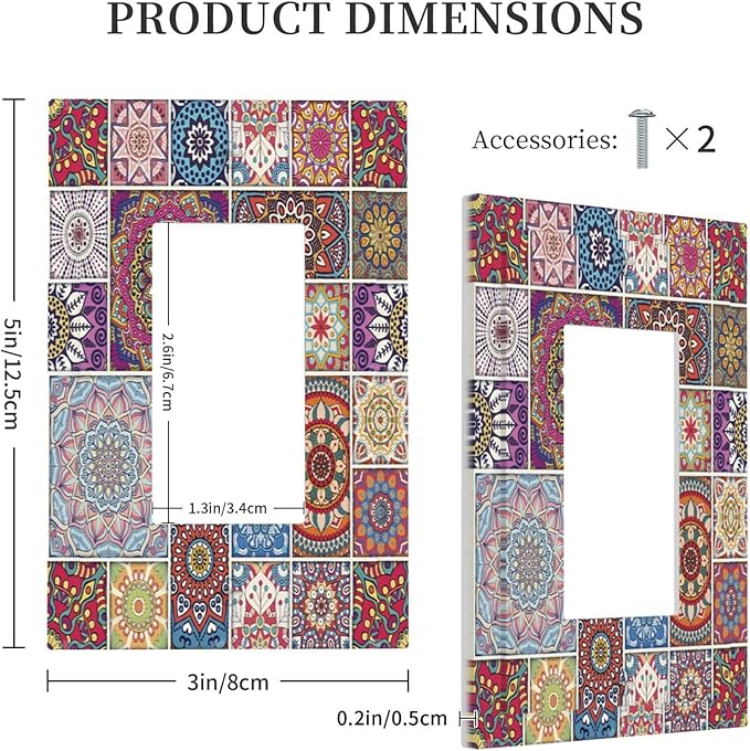 Morocco Talavera Mexican Tiles Printed Colroful Mandala 1 Gang Rocker Light Switch Covers Single Decora Outlet Wall Plate Decorative Switchplate Faceplate GFCI for Kitchen Bathroom Bedroom Decor