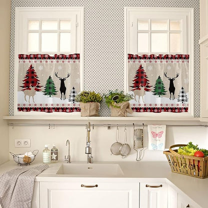 Farmhouse Christmas Kitchen Curtains and Valances Set, Rustic Plaid XMAS Tree Snowflakes Window Treatments Tiers Red Green Black Half/Short Curtains for Small Windows Cafe /Living/ Bedroom 54x 36 in