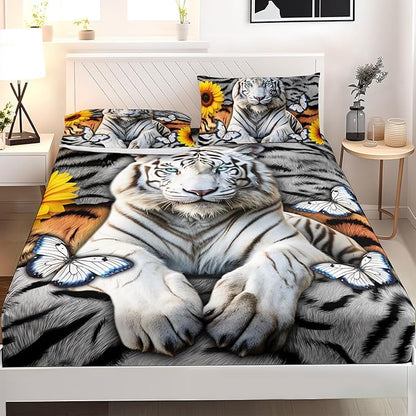 AILONEN Tiger Fitted Sheet Set Full Size, 3 Pieces White Tiger Fur Printed Bed Sheet Set,Kids Boys Girls Sunflower Tiger Sheet Set,Butterfly Tiger Fitted Sheet with 2 Pillowcases