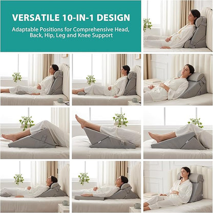 Adjustable 4pcs Bed Wedge Pillow Set, Memory Foam Wedge Pillow Post Surgery for Back, Neck, Leg Pain Relief, Pillow Wedge for Sleeping, Sitting up in Bed, Acid Reflux and GERD, Grey
