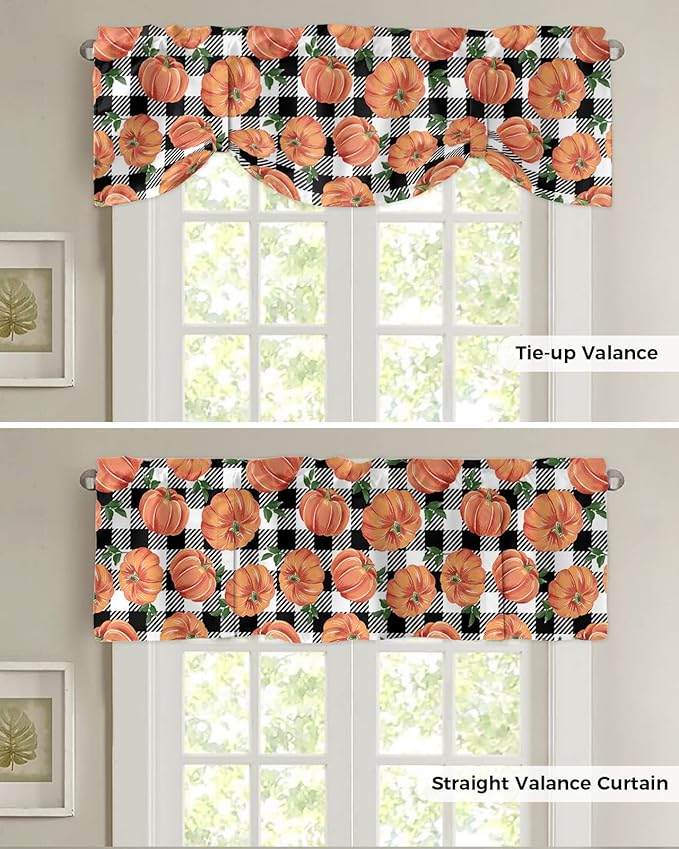 Fall Blackout Tie Up Valance Curtains for Kitchen Windows Thanksgiving Halloween Pumpkins Window Toppers Balloon Shades for Living Room/Bathroom/Bedroom,54" X 18" Farmhouse Black White Buffalo Plaid