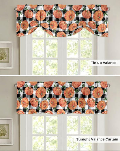 Fall Blackout Tie Up Valance Curtains for Kitchen Windows Thanksgiving Halloween Pumpkins Window Toppers Balloon Shades for Living Room/Bathroom/Bedroom,54" X 18" Farmhouse Black White Buffalo Plaid