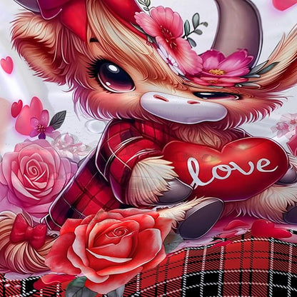 AILONEN Cartoon Yak Shower Curtain Set, Lovely Red Rose Cow Polyester Waterproof Shower Curtain for Bathroom,Love Scottish Tartan Theme Cloth Bath Curtain Set with Hooks,48" Wx72 H