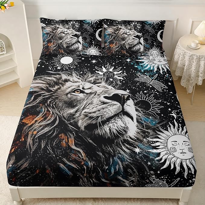 AILONEN Lion Print Full Size Fitted Sheet Set for Boys, Sun and Moon Bed Sheet Cover Set Full,3 Pieces Black and White Sheet Set Full Galaxy Lion Fitted Sheet with 2 Pillowcases