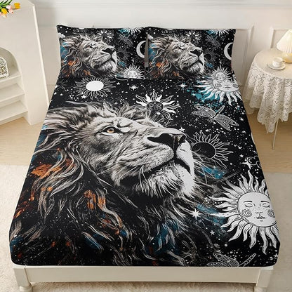 AILONEN Lion Print Full Size Fitted Sheet Set for Boys, Sun and Moon Bed Sheet Cover Set Full,3 Pieces Black and White Sheet Set Full Galaxy Lion Fitted Sheet with 2 Pillowcases
