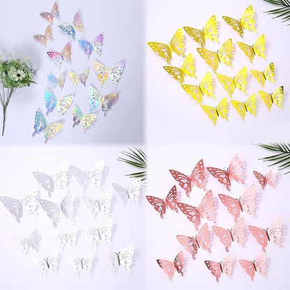 3D Butterfly Wall Decor 48 Pcs 4 Styles 4 Colors 3 Sizes,Gold Silver Laser Rose Butterfly Decorations for Butterfly Birthday Decorations Butterfly Party Decorations Cake Decorations,Removable Sticker