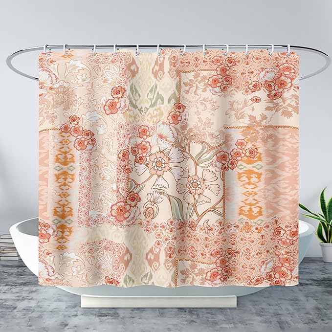 AILONEN Luxuriant Flowers Shower Curtain,European Vintage Flower Theme Waterproof Shower Curtain for Girls Kids Teens, 48" W*72" H Orange Textures Bathroom Decor