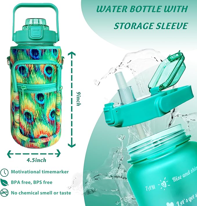 64 oz Water Bottle with Straw Sleeve & Strap Motivational Half Gallon Water Jug with Handle for Gym Women Men Aesthetic Water Bottle with Strap Peacock Feather