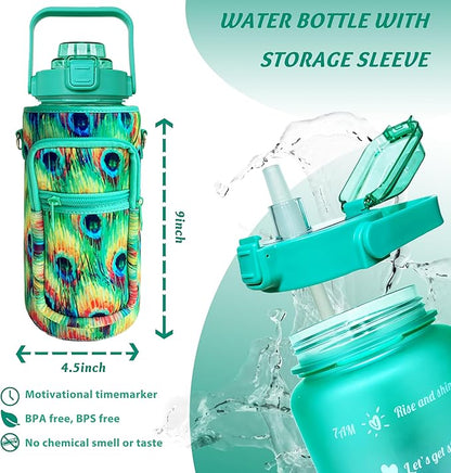 64 oz Water Bottle with Straw Sleeve & Strap Motivational Half Gallon Water Jug with Handle for Gym Women Men Aesthetic Water Bottle with Strap Peacock Feather