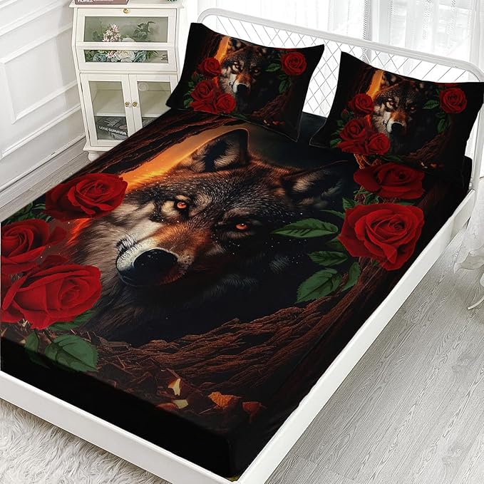 AILONEN Girls Wolf Fitted Sheet Set Twin Size, 3 Pieces Bedding Set Red Rose Wolf Sheet Set for Women Teen Kids,Wildlife Bed Sheet Set Wolf Fitted Sheet with 2 Pillowcases