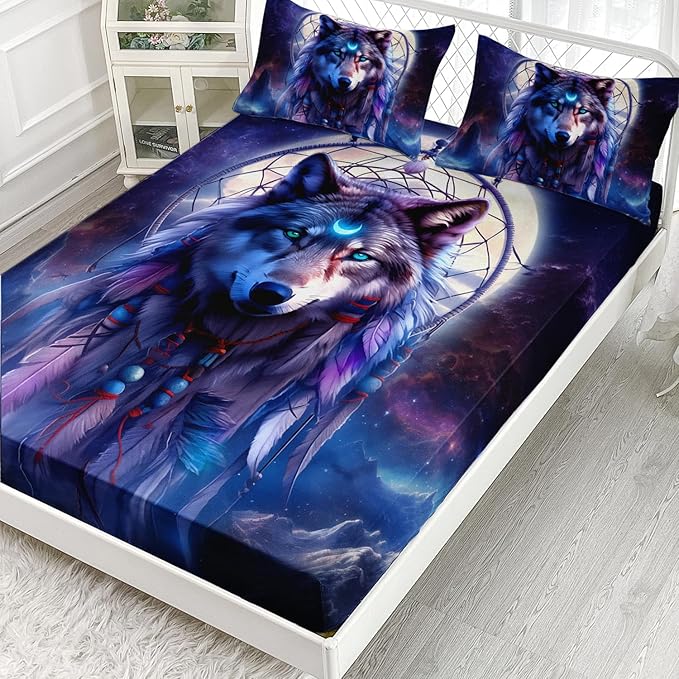 AILONEN Wolf Dream Catcher Fitted Sheet Set Full Evening Purple Galaxy Starry Moon Wolf Bed Sheet with 2 Pillowcases,3 Pieces Wolf Print Boys Girls Full Fitted Sheet Set
