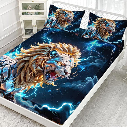 AILONEN Boys Lion Fitted Sheet Set Full Size, Safari Animal Lion Blue Lightning 3 Pieces Printed Kids Bed Sheet Set,Wildlife Fitted Sheet with 2 Pillowcases