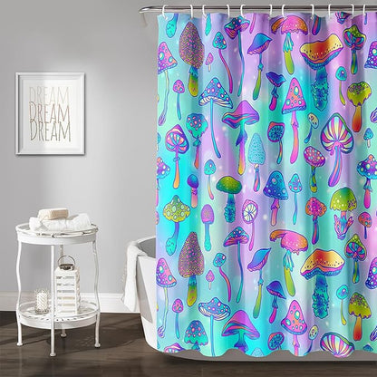 AILONEN Mushroom Shower Curtain for Bathroom,Blue Purple Mushroom Bath Curtain,Cute Cartoon Magic Fungus Decor Bathroom Curtain with 12 Plastic Hooks, 36" W x 72" H