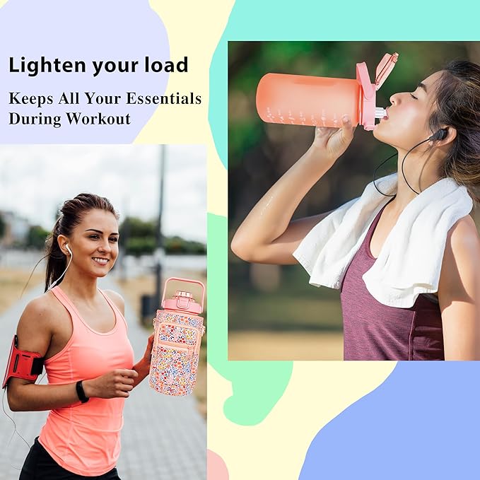 64 oz Water Bottle with Straw Sleeve & Strap Motivational Half Gallon Water Jug with Handle for Gym Women Men Aesthetic Water Bottle with Strap Floral