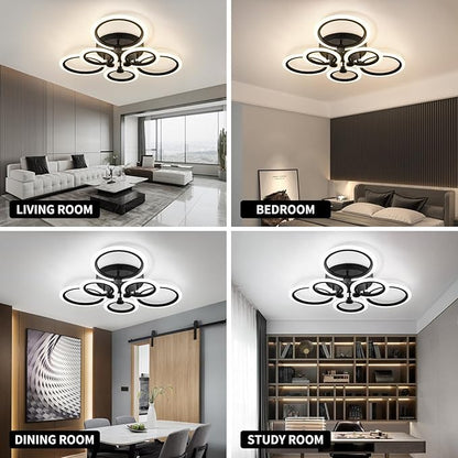 Modern LED Ceiling Light,Dimmable 6 Rings Flush Mount Ceiling Light Fixtures,3000K-6500K 81W Ring Ceiling Lamp with Remote for Bedroom,Dining Room,Living Room,Black