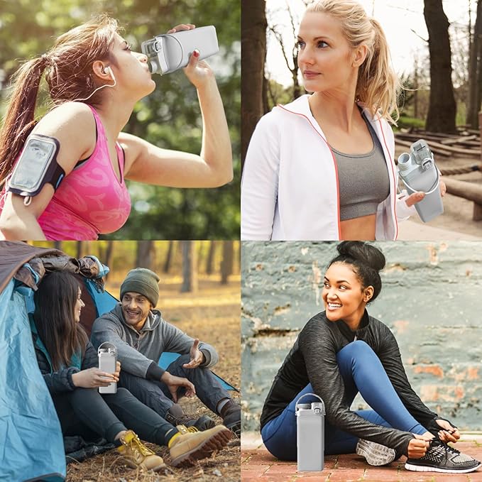 THAIOXYH® Collapsible Water Bottle 20 oz（600ml） Silicone BPA Free Reuseable Lightweight Foldable Water Bottles for Traveling Running Hiking Camping Sports (Grey)