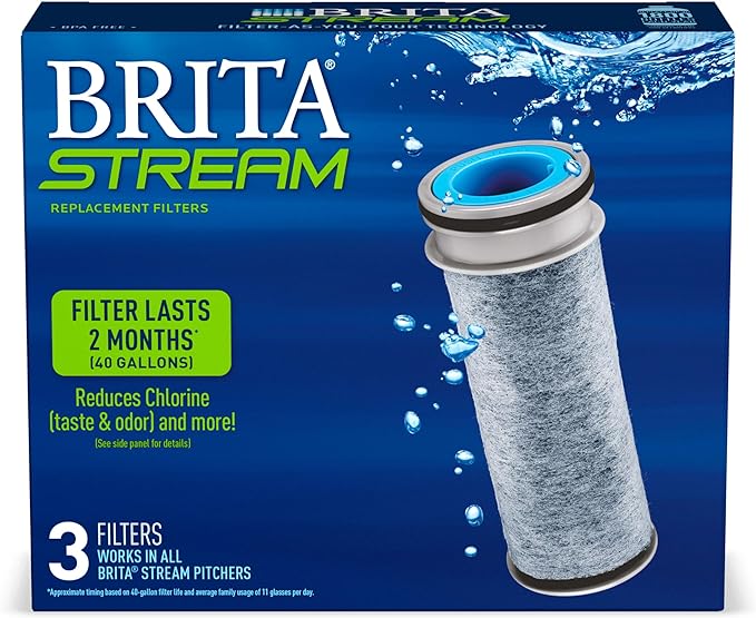Brita Stream Pitcher Water Filter for Pitchers and Dispensers, BPA-Free, Replaces 1,800 Plastic Water Bottles a Year, Lasts Two Months or 40 Gallons, Includes 3 Filters