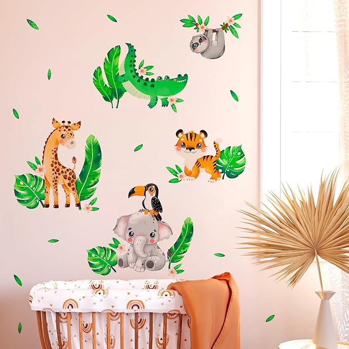 Safari Animal Wall Decals for Kids by Lipastick - Jungle Animal Wall Stickers for Kids Baby Girl Boy Room - Creative Nursery Vinyl Wall Decal - Elephant Giraffe Crocodile Parrot Koala S Size