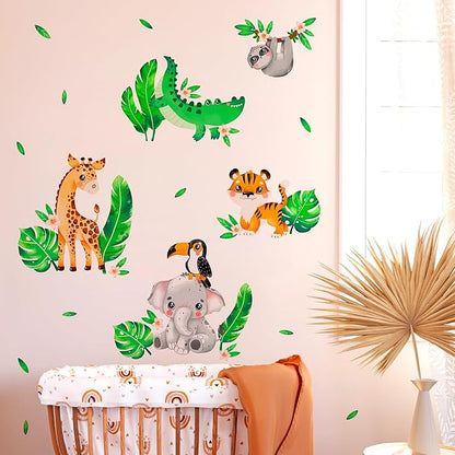 Safari Animal Wall Decals for Kids by Lipastick - Jungle Animal Wall Stickers for Kids Baby Girl Boy Room - Creative Nursery Vinyl Wall Decal - Elephant Giraffe Crocodile Parrot Koala S Size