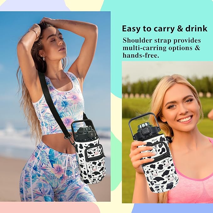 64 oz Water Bottle with Straw Sleeve & Strap Motivational Half Gallon Water Jug with Handle for Gym Women Men Aesthetic Water Bottle with Strap