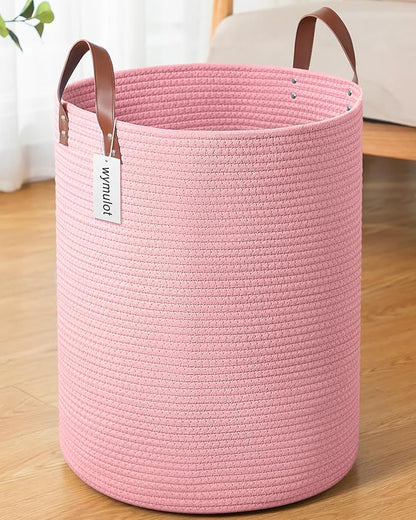 80L Large Rope Basket, Woven Rope Storage Basket with Leather Handles, Dog Toy Storage Basket, Bedroom, Nursery Blanket Storage, Bathroom Laundry Basket, 16“x20” Tall Rope Basket (Pink)