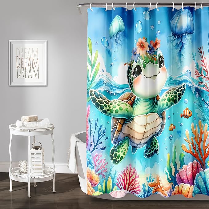 AILONEN Sea Turtle Shower Curtain for Bathroom,Cute Ocean Turtle Shower Curtain with 12 Plastic Hooks,Colorful Coral Jellyfish Print Bath Curtain Polyester Waterproof 72" W*96" H