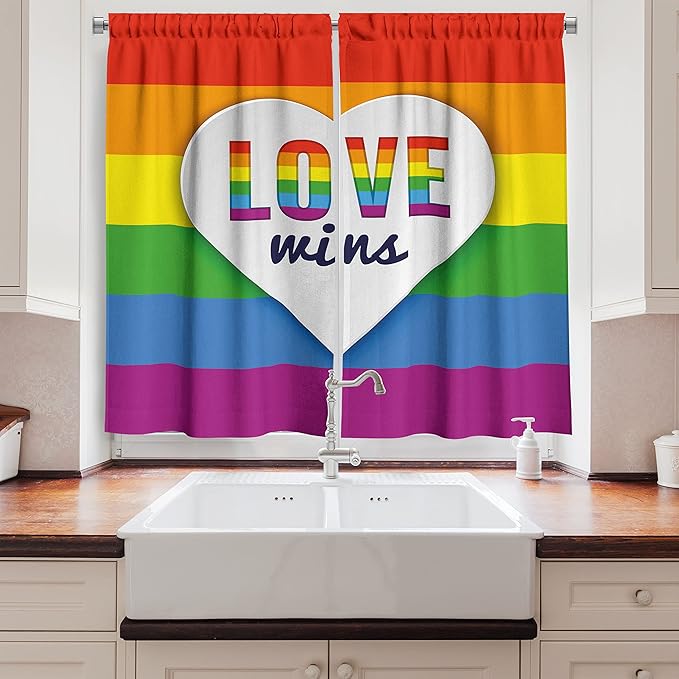 Ambesonne Pride Long Kitchen Curtains, Rainbow Flag with Stripes Heart with Love Wins Text LGBT Culture Colorful, Two Panels Drapes with Rod Pocket Room Decor, 55" x 45", Purple Blue