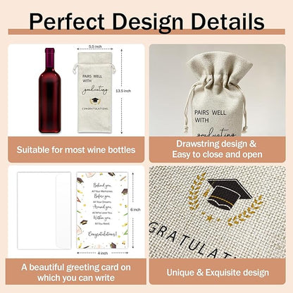 Graduation Wine Gift Bags & Card, Graduation Gifts for Him Her Son Daughter College, Pairs Well With Graduating, 1 pcs Reusable Burlap Wine Gift Bags for Wine Bottles, Graduation Party Decor Favor -27