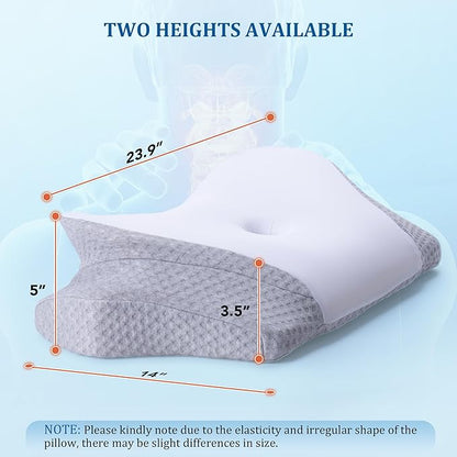 Cervical Pillow for Head & Neck Support - Memory Foam Cervical Neck Pillow with Two Height Levels, Washable Pillowcase, Ergonomic Pillows for Bed for Side Back Stomach Sleepers