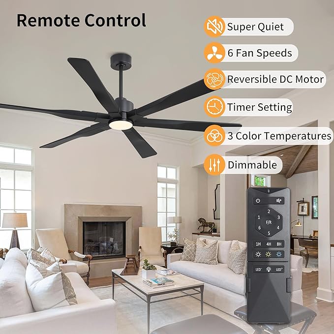 68 Inch Ceiling Fan with Lights and Remote Control, 6 Reversible ABS Blades, 6-Speed Noiseless DC Motor with 4.5" / 12" / 24" Downrods for Bedroom Dining Living Room, Black