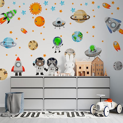 Large Solar System Wall Decals for Kids by Lipastick - 133 pcs Space Animal Wall Stickers Boys Room Playroom - Galaxy Wall Decor - Kids Vinyl Wall Decal Peel and Stick - Outer Space Decoration L Size
