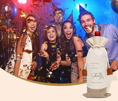 30th Birthday Wine Bag, Cotton Linen Wine Gift Bag With Drawstring, Wine Champagne Bottle Gift Bag, Thirty Years Old Birthday Gifts Wine Bag for Woman Man, 30th Birthday Party Favors-32