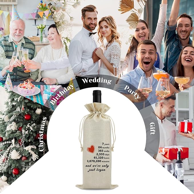 7th Year Marriage Gift for Couple Wife Husband Wine Bag 7th Anniversary Wedding Gift for Women Men Wine Gift Bag Birthday Christmas Valentine Gift for Him Her Drawstring Wine Wrapping Bag