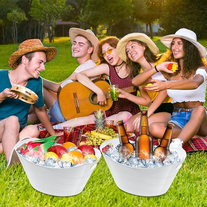 24 Pcs White Oval Storage Tub with Handles, 4.5L Plastic Ice Bucket Wine Beer Champagne Bottle Drink Cooler Tub for Parties Beverage, Storage Basket