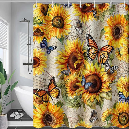 AILONEN Girls Sunflower Shower Curtain,Butterfly Sunflower Bath Curtain for Kids Women,Vintage Yellow Flower Decor Bathroom Curtain with 12 Plastic Hooks, 72" W x 78" H