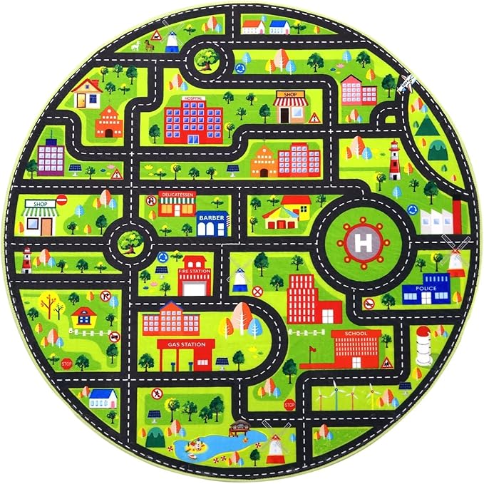 Round Kids Playmat, City Life Carpet Mat Toddler Classroom Kids Road and Traffic Carpet Non Slip Nursery Rug City Map Educational Rug for Bedroom Kids Boys Room, 4' x 4' Round, Black