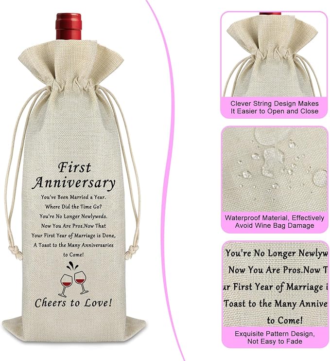 Anniversary Marriage Gift 1st Year of Marriage Gift for Couples Wine Bag Wedding First Year Gift for Wife Husband Wedding Gift for Women Men Coworker Valentine Gift Drawstring Burlap Wine Gift Bag