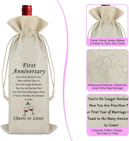 Anniversary Marriage Gift 1st Year of Marriage Gift for Couples Wine Bag Wedding First Year Gift for Wife Husband Wedding Gift for Women Men Coworker Valentine Gift Drawstring Burlap Wine Gift Bag