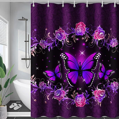 AILONEN Girls Butterfly Shower Curtain for Bathroom, Purple Rose Floral Butterfly Bathroom Curtain,Flying Butterfly Bath Curtain 72" W*96" H Polyester Waterproof Bathroom Curtain with 12 Hooks