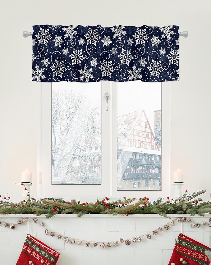 Christmas Valance Curtains for Kitchen Windows White Navy Snowflakes Pattern Rod Pocket Window Treatment Toppers for Kitchen/Living Room/Bedroom/Bathroom, 54" X 18", Winter