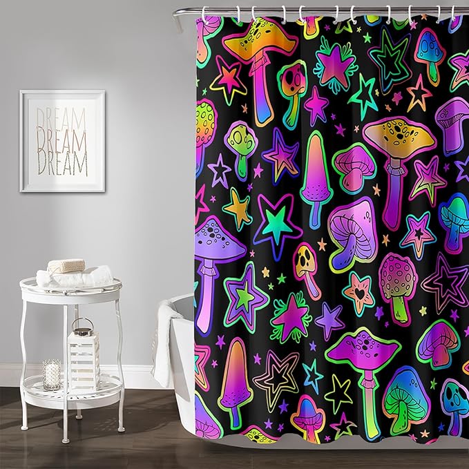 AILONEN Cute Mushroom Window Curtain for Kids,Star Purple Mushroom Curtain for Bathroom Decor,Gradient Mushroom Polyester Waterproof with 12 Plastic Hooks 72" W*72" H
