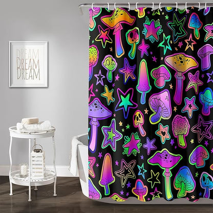 AILONEN Cute Mushroom Window Curtain for Kids,Star Purple Mushroom Curtain for Bathroom Decor,Gradient Mushroom Polyester Waterproof with 12 Plastic Hooks 72" W*84" H