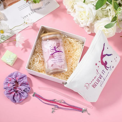 4 Pcs Gymnastics Gifts Gymnastics Glass Cup 16oz Inspirational Gymnastics Water Bottles Makeup Bag Bracelet Elastic Scrunchies for Girls Gymnastics Lovers Back to School