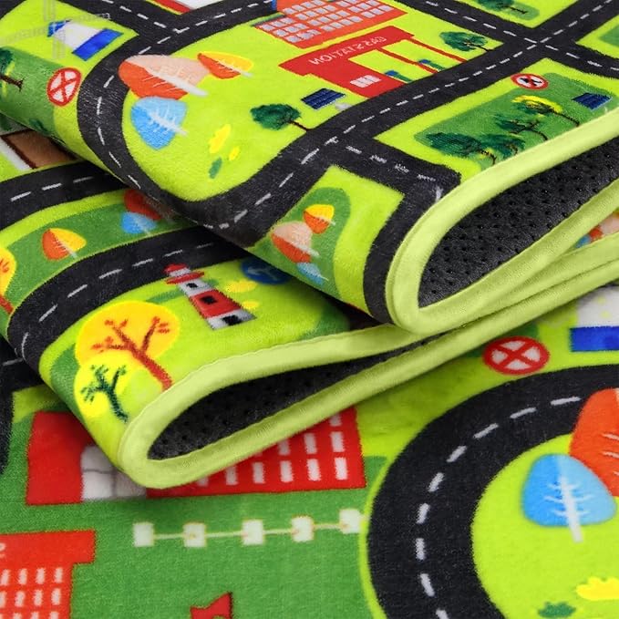 Round Kids Playmat, City Life Carpet Mat Toddler Classroom Kids Road and Traffic Carpet Non Slip Nursery Rug City Map Educational Rug for Bedroom Kids Boys Room, 4' x 4' Round, Black