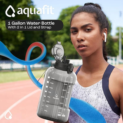 AQUAFIT 1 Gallon Water Bottle with Time Marker - BPA Free 128 oz Water Bottle with Straw, Gym Water Bottle with Handle, 1 Gallon Water Jug, Big Water Bottle, Large Water Bottle (Frosty)