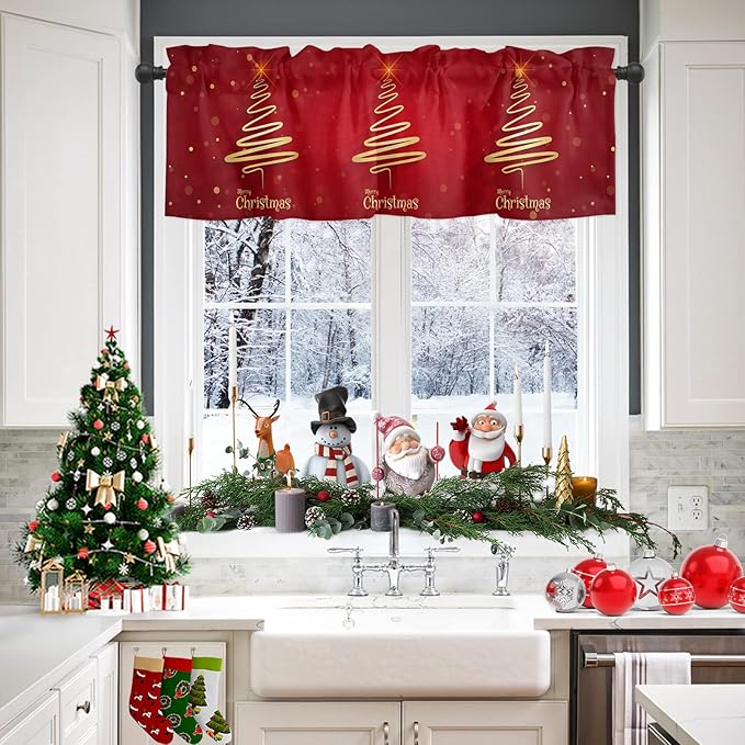 Christmas Tree Valance Curtains for Kitchen Window, Merry Xmas Red Rod Pocket Valances Window Treatments Winter Holiday Decor Short Curtains for Bedroom/Living Room,54" X 18" -1 Panel