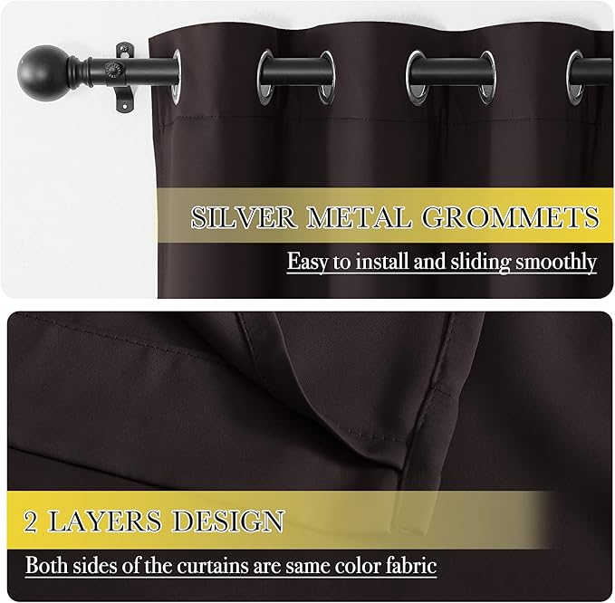 NICETOWN Short Complete 100% Blackout Curtains, Thermal Insulated & Energy Efficiency Window Draperies with Same Color Liner, Noise Reducing Small Drapes for Kids Room (Brown, 42"W by 63"L, 2 Panels)