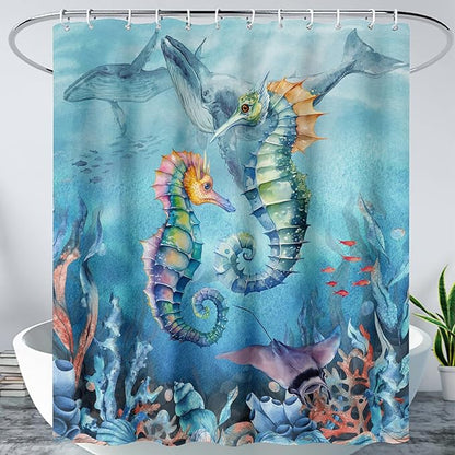 AILONEN Seahorse Shower Curtain for Bathroom,Watercolor Seahorse Bath Curtain,Blue Ocean Animal Whale Coral Fish Shower Curtain Waterproof with 12 Plastic Hooks, 72" W*84" H
